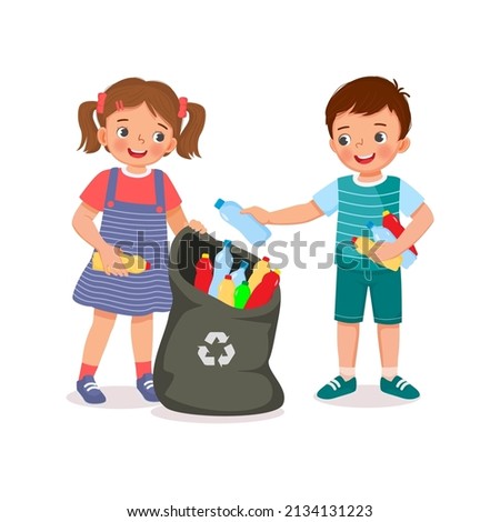 cute young child kids boy and girl collecting and picking up plastic bottles into garbage bag for recycling help to protect save environment
