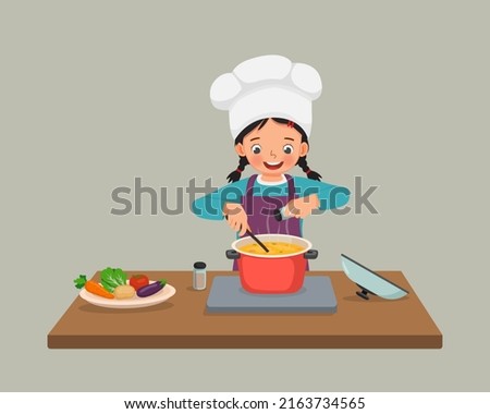 cute little girl chef cooking delicious vegetable soup stir with ladle spoon and adding spices in pan  in the kitchen