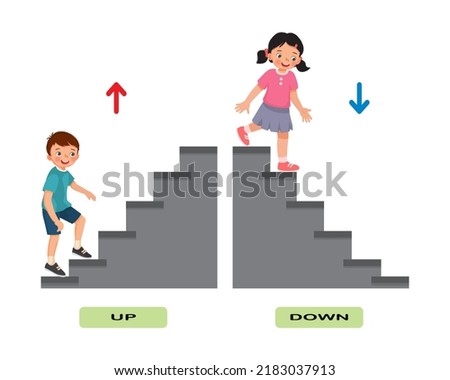 Opposite adjective antonym words illustration of kids go up and down stairs explanation flashcard with text label