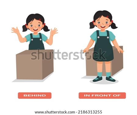 Preposition of place illustration little girl standing behind and in front of the box English vocabulary words flashcard set for education