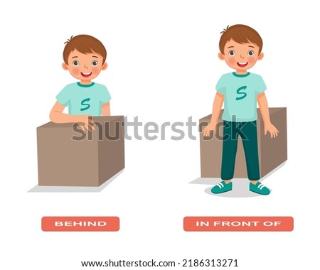 Preposition of place illustration little boy standing behind and in front of the box English vocabulary words flashcard set for education