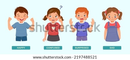 cute kids showing different feeling emotions such as happy, confused, surprised, and sad with hand gestures and facial expressions