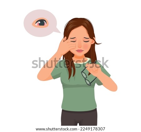 Young woman has conjunctivitis or pink eye, sore and swollen eyes because of infection, irritation or inflammation allergies to dust
