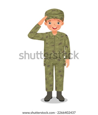 cute little boy wear camouflage soldier combat uniform saluting