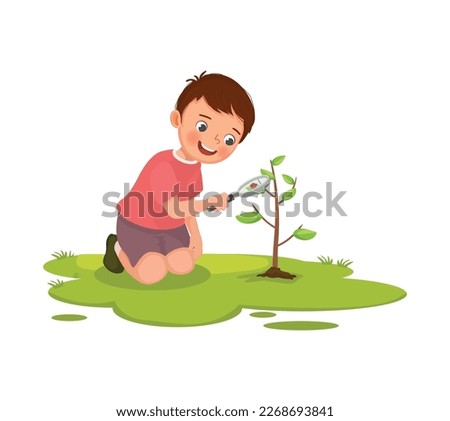 Cute little boy holding magnifying glass looking at ladybug on the plant