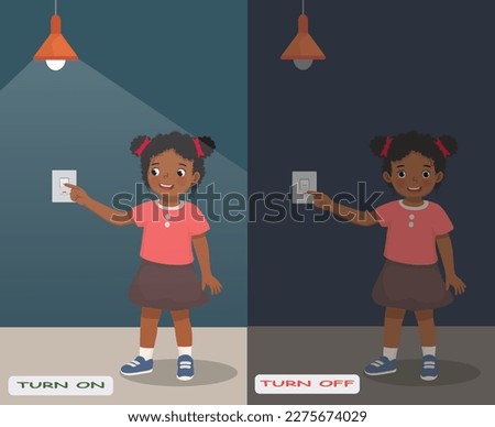 Opposite adjective antonym words turn on and turn off illustration of little African girl switch on and off the light explanation flashcard with text label