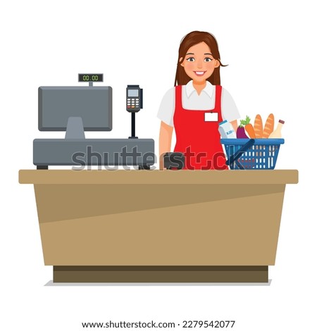 Young woman cashier holding bar code scanner working at supermarket counter