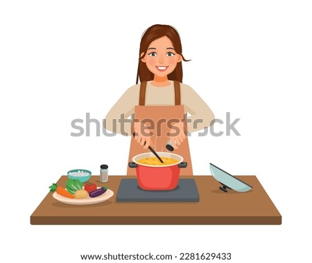 Young woman cooking delicious vegetable soup with pan adding spices in the kitchen