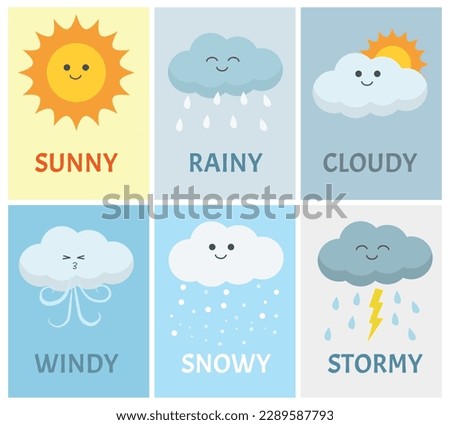 Weather climate vocabulary with cute cartoon characters for kids