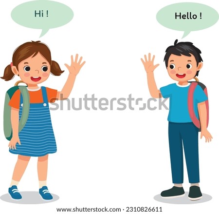 Cute school kids with backpack say hello greeting to each other