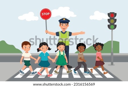 Kids walking crossing road near pedestrian traffic light on zebra cross with police traffic holding stop sign