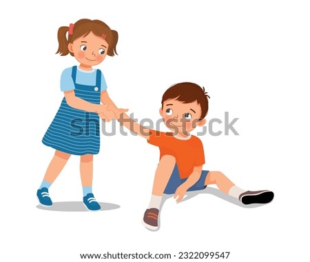 Cute little girl helping her boy friend who has fell on the floor to stand up showing kindness