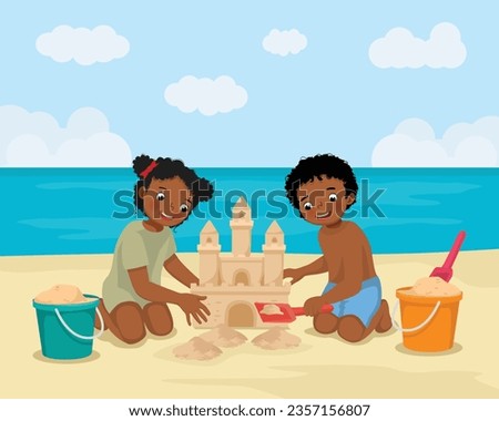 Similar – Image, Stock Photo Little girl building sand castle on beach