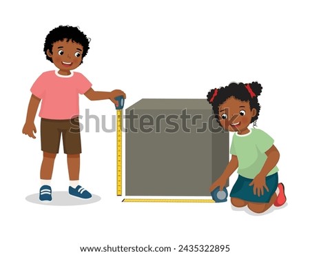 Cute little African kids students measuring the height and width of a box with tape