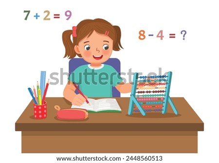 Cute little girl study learning math counting with abacus at the desk