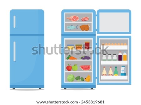 Closed and opened refrigerator with shelves full of healthy food, fruits and vegetables and beverages