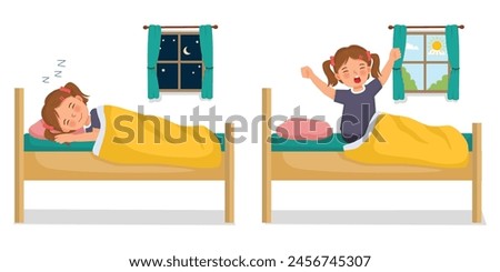 Cute little girl sleeping in the bed at night and wake up in the morning