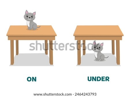 Opposite antonym words on and under illustration of cat sitting on and under the table