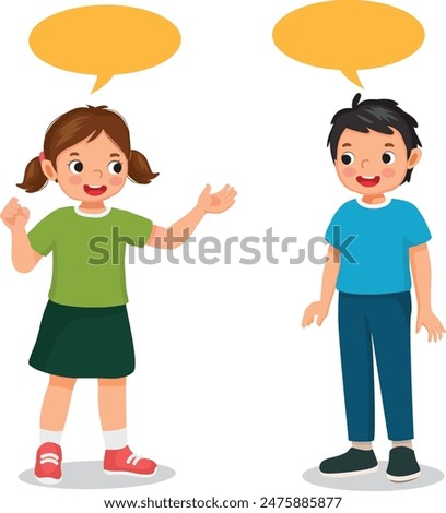 happy cute kids boy and girl talking each other having conversation with speech bubble