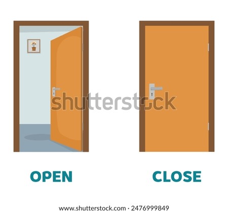 Opposite antonym words open and close illustration of doors