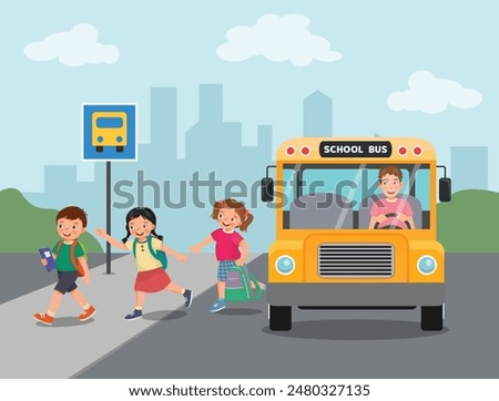 Cute little kids students getting off from school bus