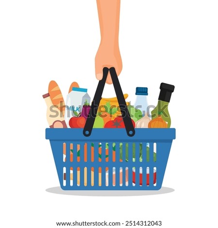 Hand holding shopping basket and grocery paper bag with foods and drinks products