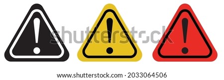 Caution icons set, exclamation mark, warning signs. Isolated attention triangle symbols on white background. Warning alert error concept: black, yellow, red color. Vector to PNG design