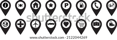 Set pointers, parking, restaurants, hospitals, supermarkets, telephones, stars, terminals, hotels, stations, bicycles, heart, camera house, airplane. Location icon map pin pointer. Navigation pointer