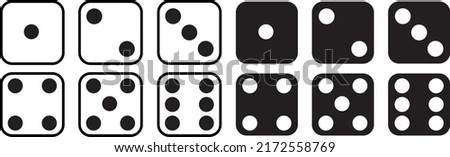 Game dice set isolated on white background. Set of dice in flat and linear design from one to six. Traditional game die with marked with different numbers of dots or pips from 1 to 6. Vector