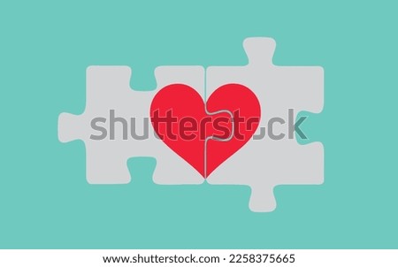 vector illustration two pieces of a puzzle forming a heart, depicting the idea that love is a matter of two, on a green gradient background. copy space