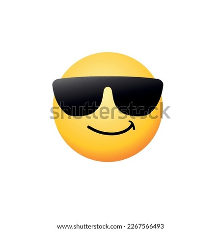 High quality emoticon with sunglasses. Emoji vector. Yellow face with broad smile wearing black sunglasses. 