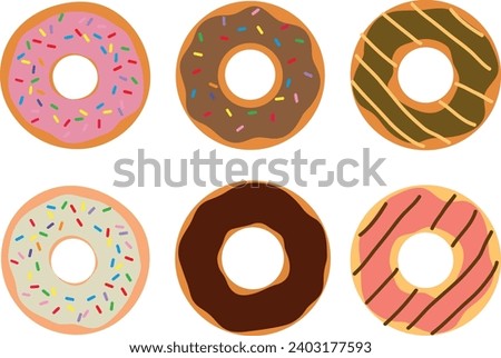 Donuts with different color frosting, set. Side view donuts in glaze, with sprinkles, for cafe menu design, cafe decoration, discount voucher, flyer, advertising poster. Vector illustration