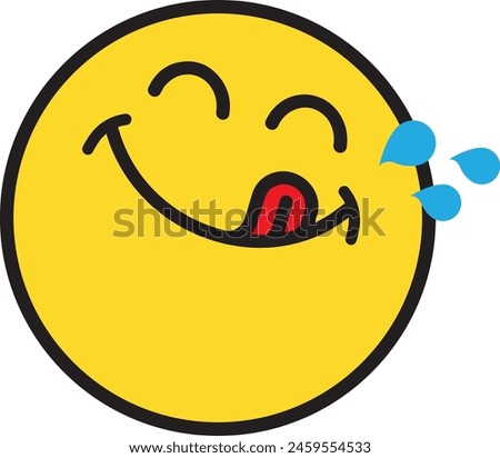 Yummy face happy smile vector cartoon line emoticon with tongue lick mouth. Delicious tasty food eating emoji face on yellow design background Yum icon vector