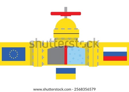 Gas yellow pipeline with red slider turn off and flags European union and Russia vector illustration. Concept shutting off the gas supply import from Russia