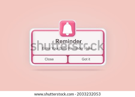 Pink reminder in 3d design mockup. Notifications. Web banner. Concept web design, website page development. Email marketing, online advertising concept. Calendar reminder.