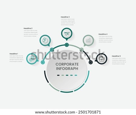 Infographic template with icons and 5 options or steps. Circle. Can be used for workflow layout, diagram, banner, webdesign. Vector illustration