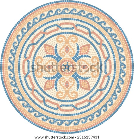 Mosaic circular ornament with floral motifs in pink and blue colors. For ceramics, tiles, ornaments, backgrounds and other projects.