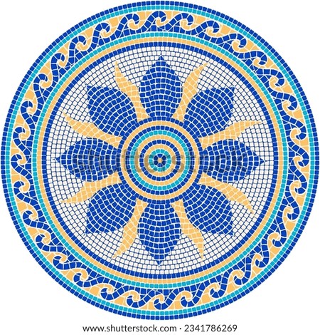 Circular mosaic ornament with the sun in ukranian style . For ceramics, tiles, ornaments, backgrounds and other projects.