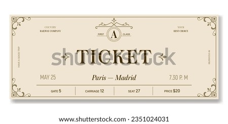 Vintage ticket template on a light background with golden accents. For excursion routes, retro parties, clubs and other projects. Just add your own text. Vector, can be used for printing.