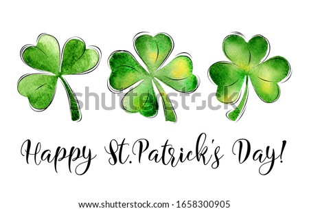 St. Patrick's Day greeting card with lettering. Holiday sign and watercolor clover leaf on white background Stockfoto © 