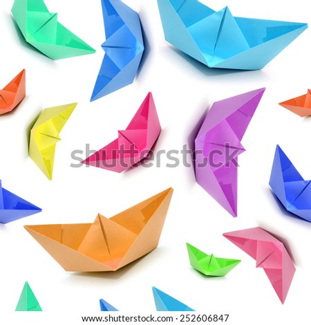 Seamless pattern with colored boats, origami boats, seamless origami