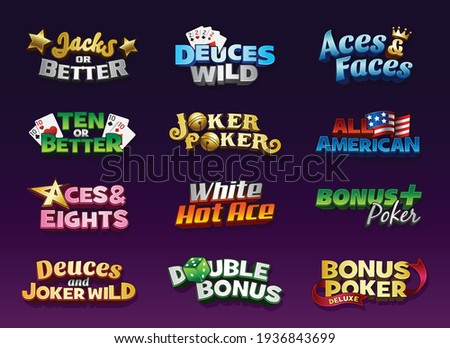 Video poker casino game logo, poker card game, jacks or better, deuces wild, aces and faces, ten or better, joker poker, double bonus Zdjęcia stock © 