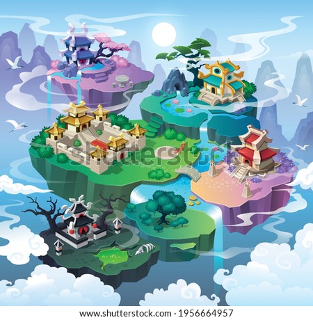 level maps for game. traditional Asian houses on islands,, Fantasy land adventure map interface with lake and waterfalls. Cartoon Style Background vector illustration