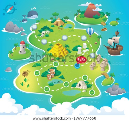 Game Map. Pirate Treasure Maps for children. island. Vector background for game interface. Uninhabited island