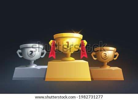 Winner podium with cup for the first, second and third place. Gold, silver, bronze trophies. Prize for champions. Handing awards to winner. trophy Vector illustration for game interface