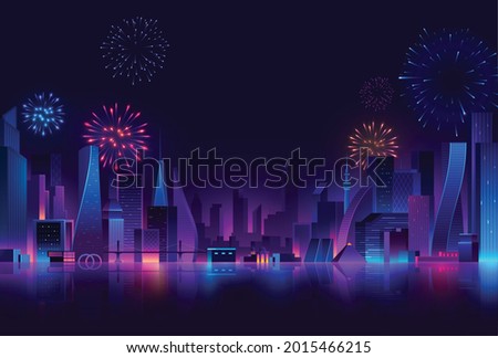 
Futuristic night city. Cityscape on a dark background with bright fireworks and glowing neon purple and blue lights.Wide highway front view. and retro wave style illustration