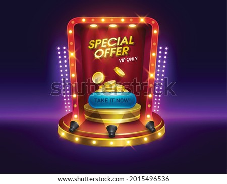 dialog casino slots games. Vegas slot vector illustration. game interfaces. podium special offer pop up with coins and button