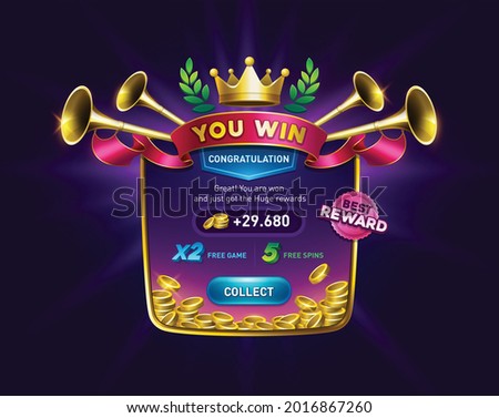 You win screen for game result. victory pop up with golden coins. slots games user interface. casino ui kit. playing cards, slots and roulette