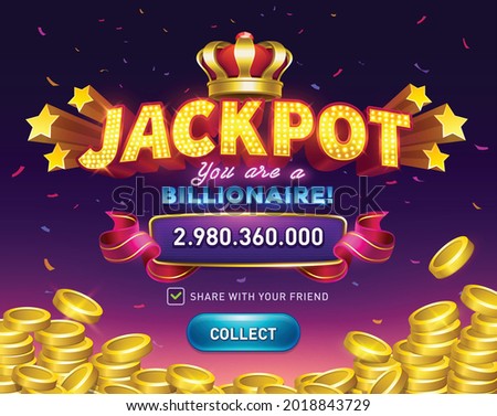 Jackpot. gambling game bright banner with confetti. Slots games. Shining retro sign. Casino or lottery advertising template. big win. vector illustration 商業照片 © 
