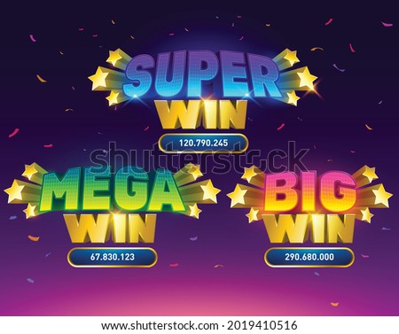 Big win. Mega win with retro sign pop up. Casino Achievement Text Banner. Slots games. playing cards. game assets. user interface. result screen. Vector illustration